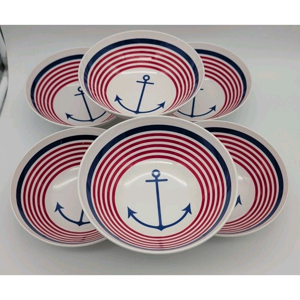 6 Melamine Anchor Cereal Bowls Red White Blue Nautical